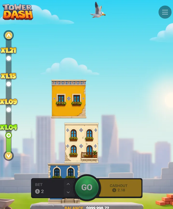 Tower Dash on a phone screen: three blocks stacked, the multiplier ladder on the left and the cash out button showing 2.18 on a bet of 2